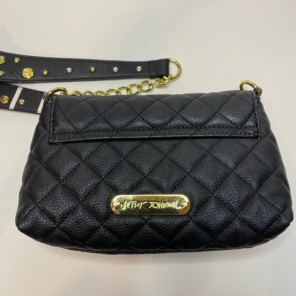 Betsy Johnson Black Quilted Crossbody Bag with Pink Floral Strap